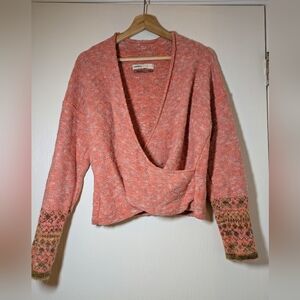 Anthropologie Pilcro Coral V-Neck Sweater with Patterned Cuffs